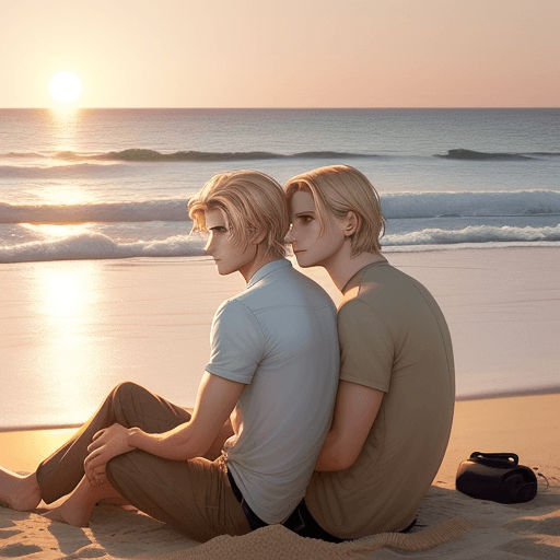 AI generated: sitting on the beach, two men, boys love, watching sunset in the seaside, couple,  Storybook illustr...