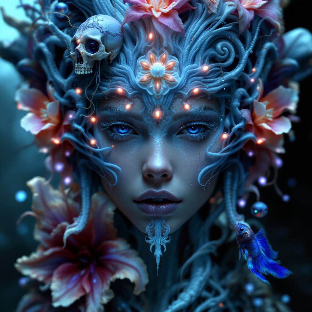 AI generated: Goddess close-up portrait ribcagel. jellyfish phoenix head, nautilus, orchid, skull, betta fish, bio...