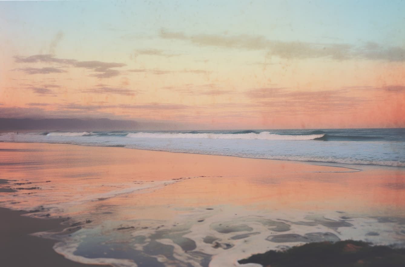 AI generated: a polaroid picture of a body of water, soft-sanded coastlines, pastel sky, ocean shoreline on the ho...