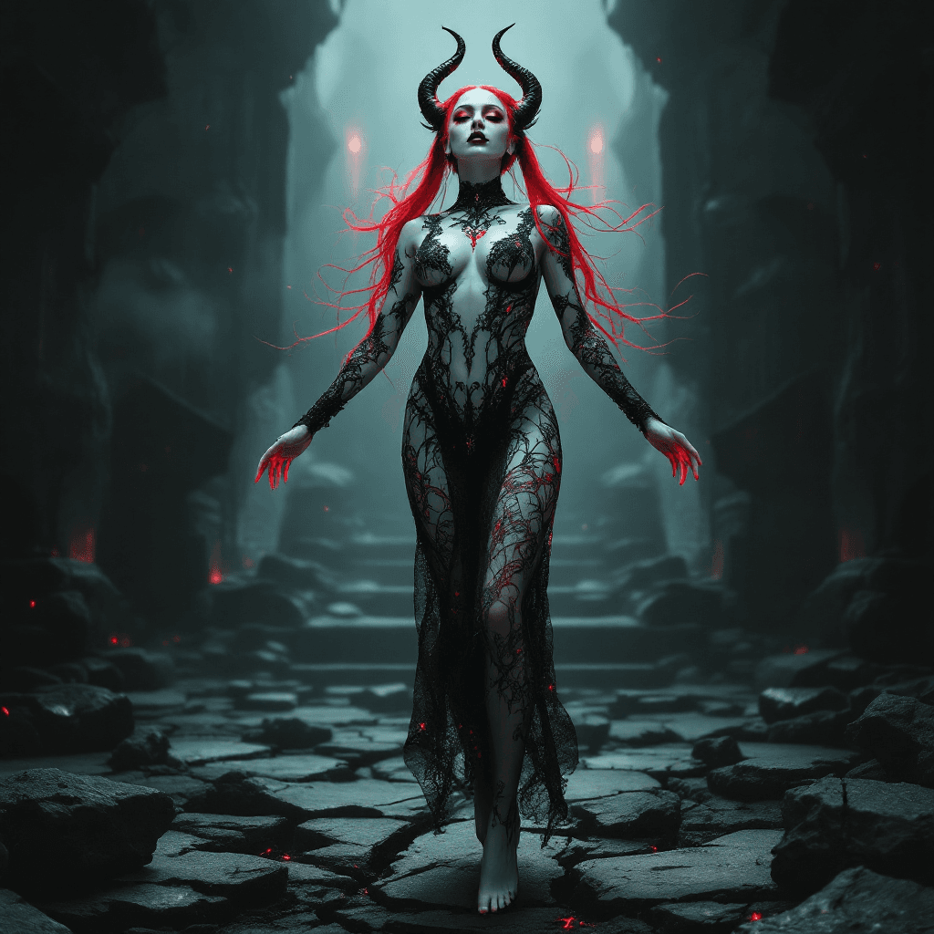 AI generated: A realistic, full-body photo of a fit, thin, perfect-bodied, very pale woman floating just above the...