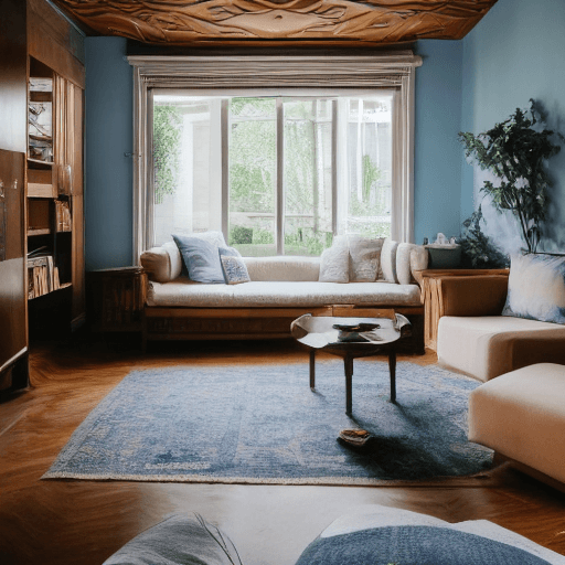 AI generated: High resolution photography interior design, dreamy sunken living room conversation pit, wooden floo...