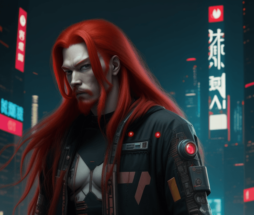 AI generated: Cyberpunk, Long Red Hair Man, Chinesse, 
