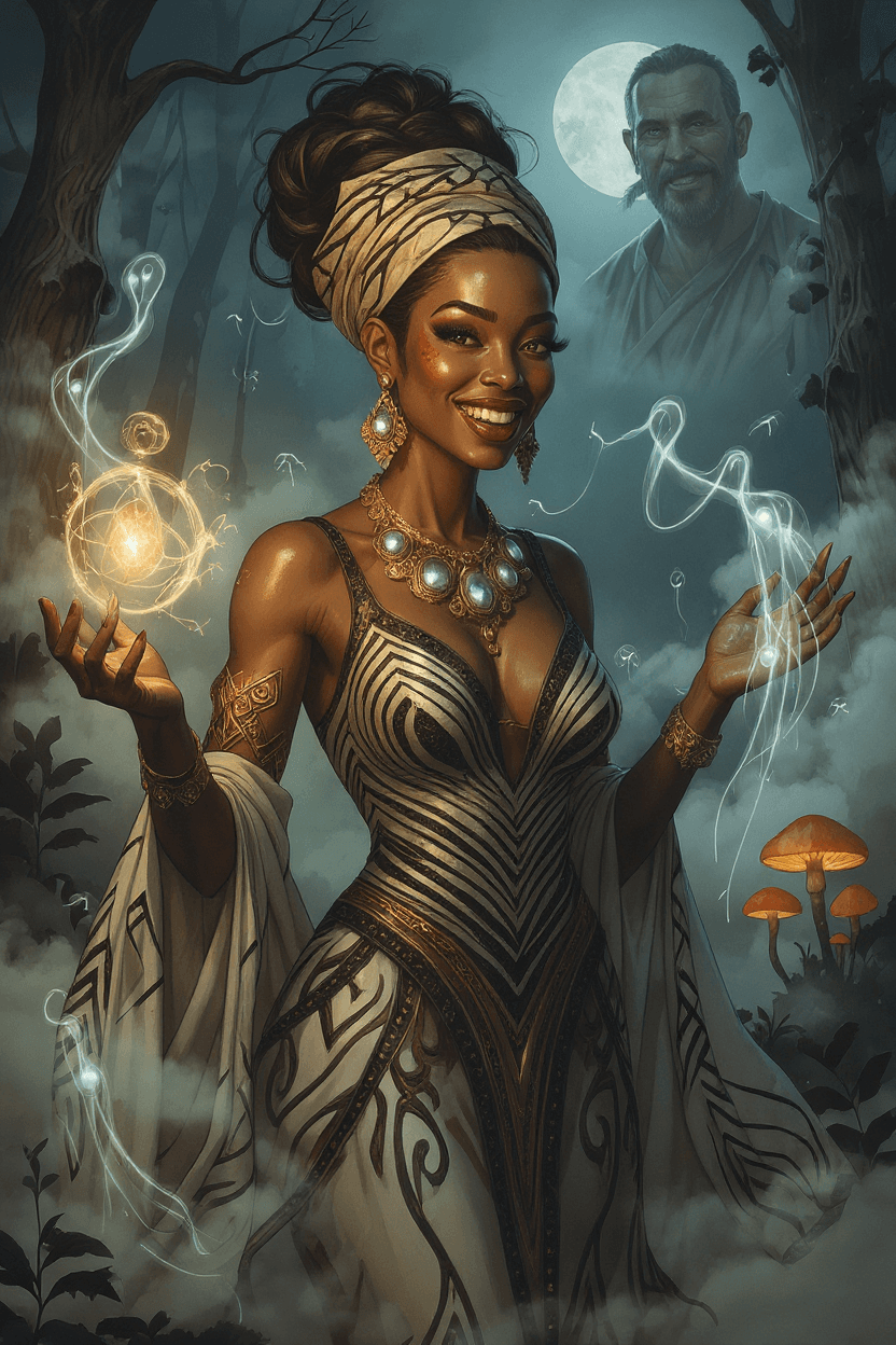 AI generated: **"Reine Vodou: Communion with the Loa"**  

**The Divine Sovereign**  
- A **Haitian Vodou queen...