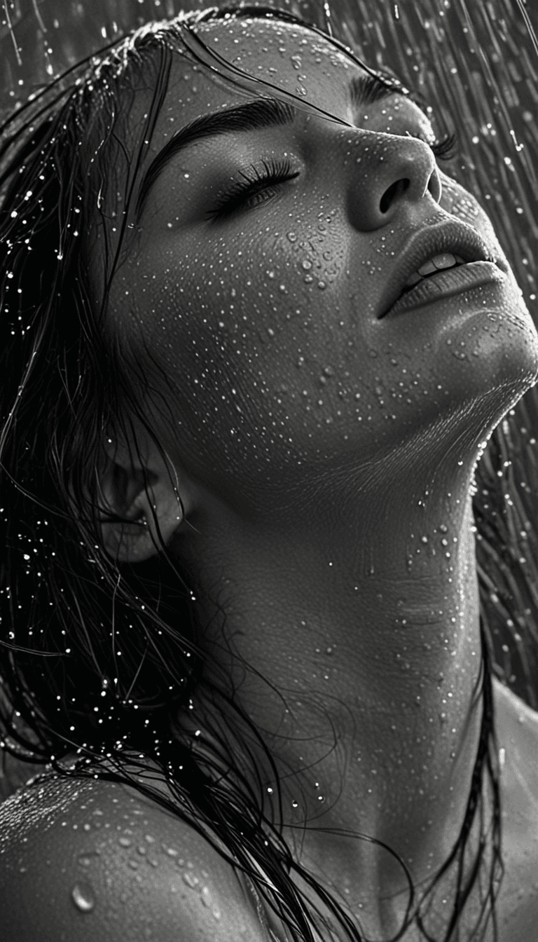 AI generated: An image of a woman in monochrome with her head tilted back, her face and hair drenched with water d...