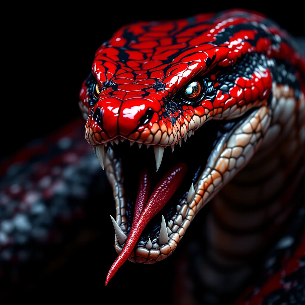 AI generated: A red and black
 snake with its mouth open, hyper-realistic animal illustrations, detailed character...