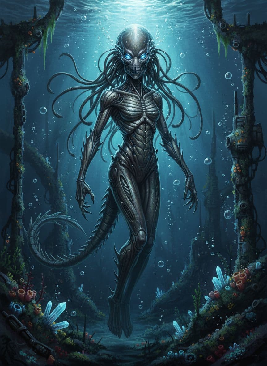 AI generated: an alien Hans Giger, [margot robbie | ana de armas], full body, perfect face, gorgeus face, perfect ...