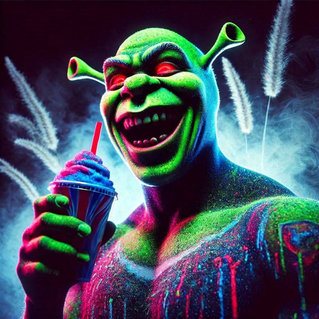 AI generated: figura oscura Shrek astral riendose como un papucho disfrutando del granizado en la playa todo detal...
