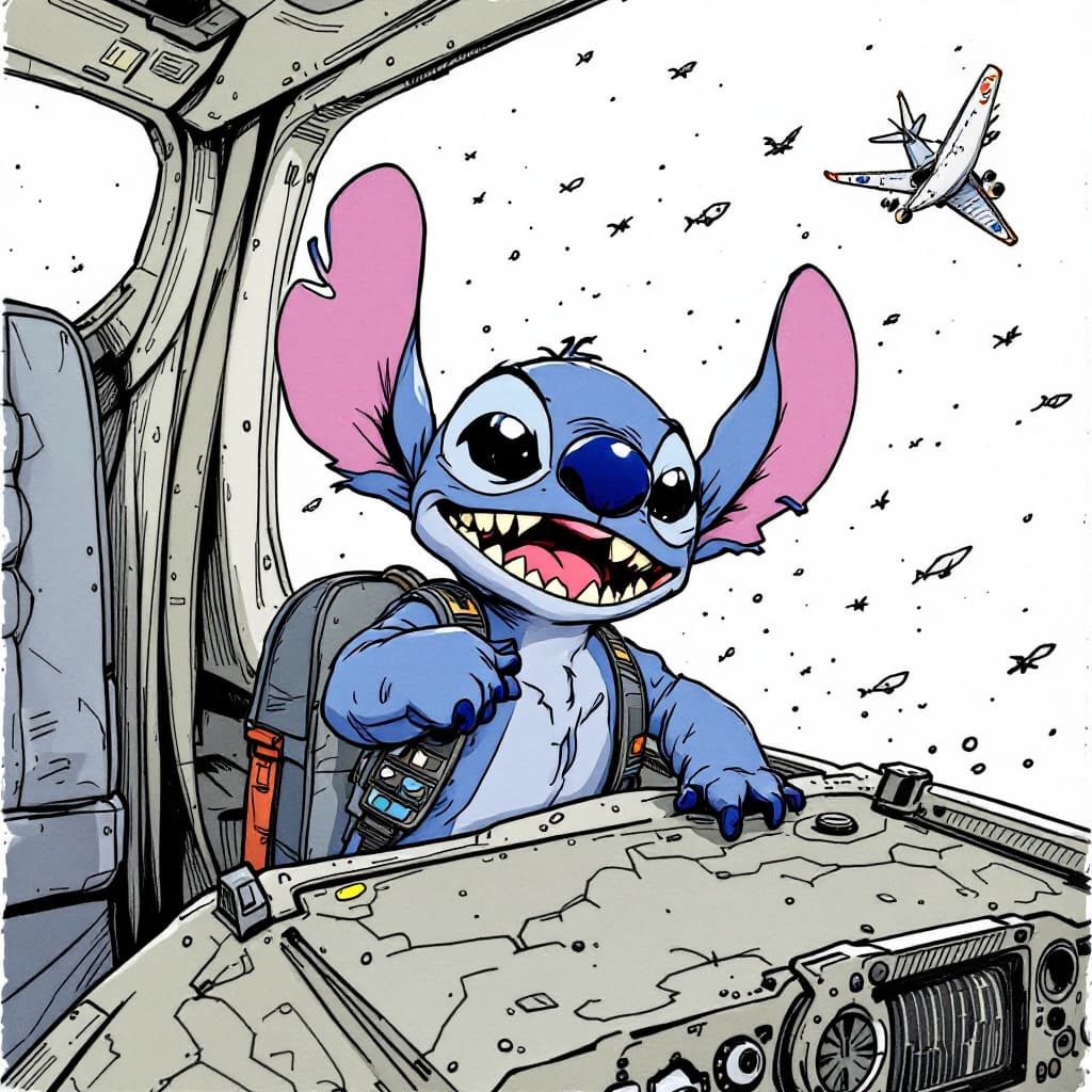 AI generated: Stitch,The action is hilarious,Pen and ink drawings,Fly a plane