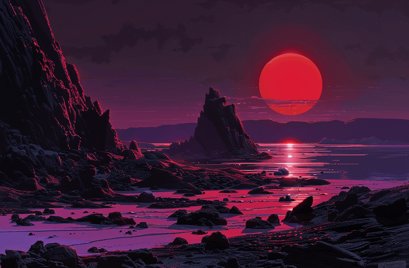 AI generated: A red sun with black radiating rays shines on the horizon of an alien planet, purple ground and rock...