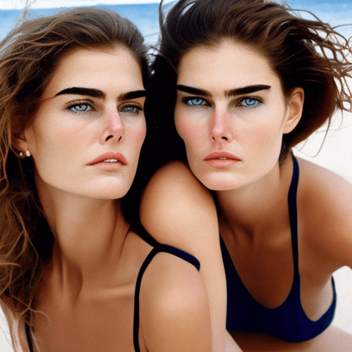 AI generated: a couple of women sitting next to each other on a beach, margiela campaign, alluring gaze, forza, st...