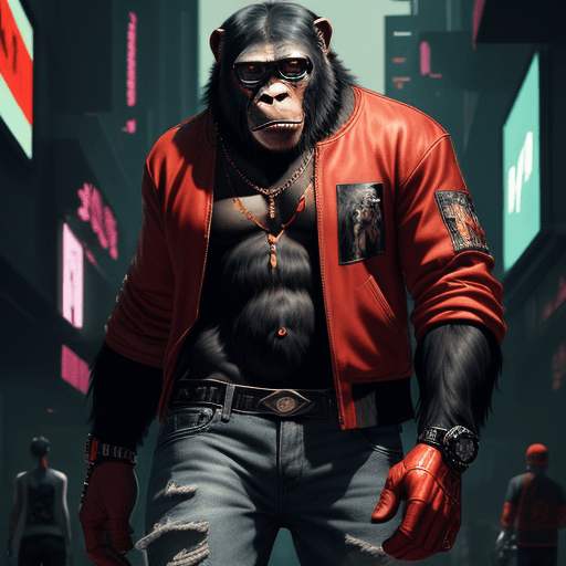 AI generated: king of apes, fashion casual ape, sneakers, red snapback,sunglasses, jeans pants, futuristic backgro...