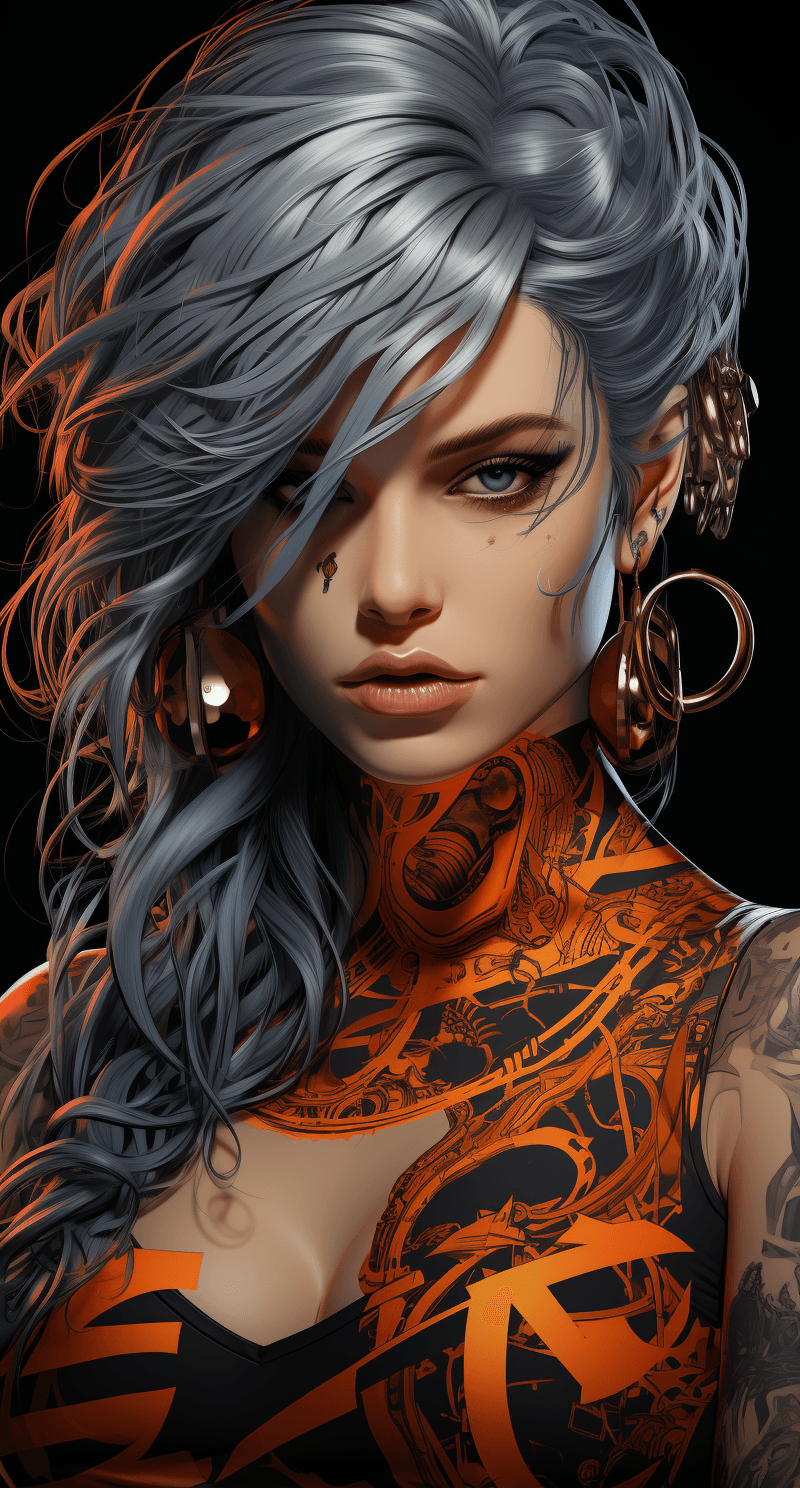 AI generated: a girl with bright blue eyes and tattoos, in the style of mike deodato, dark silver and dark beige, ...