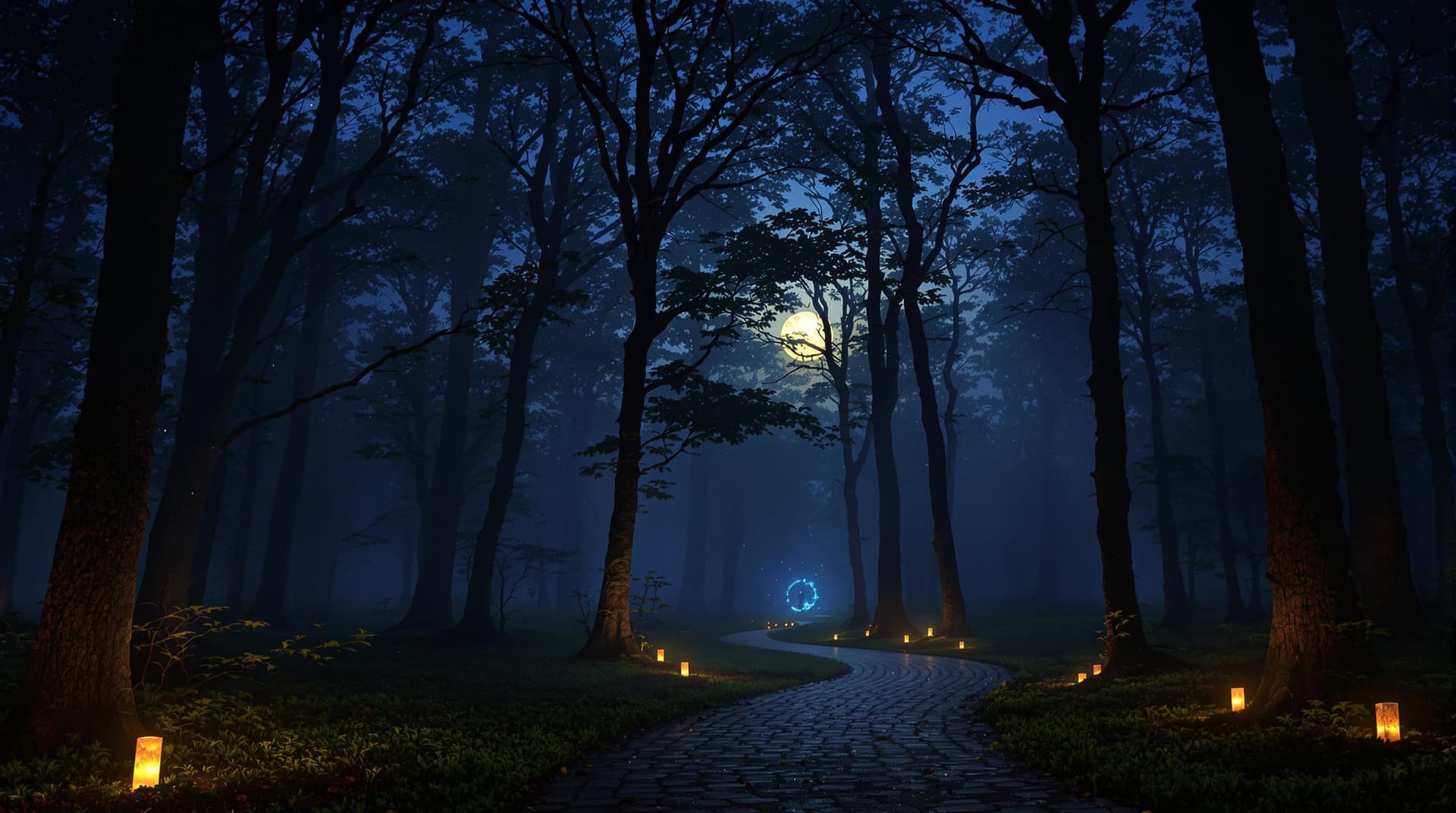 AI generated: a dark misty fairy tale forest at night time, a large gap in the trees at the centre of the image an...