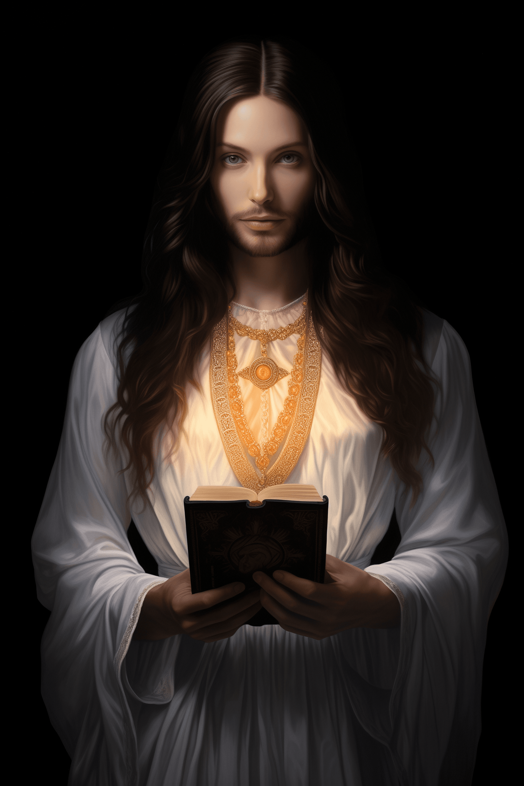 AI generated: A portrait of Jesus Christ as an attractive woman with long brown hair and beard, wearing white dres...