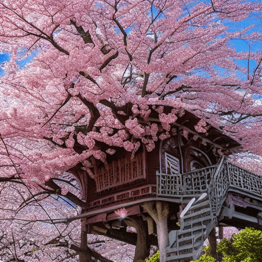 AI generated: THE CHERRY BLOSSOM TREE HOUSE :: beautiful ornate treehouse in a gigantic pink cherry blossom tree :...