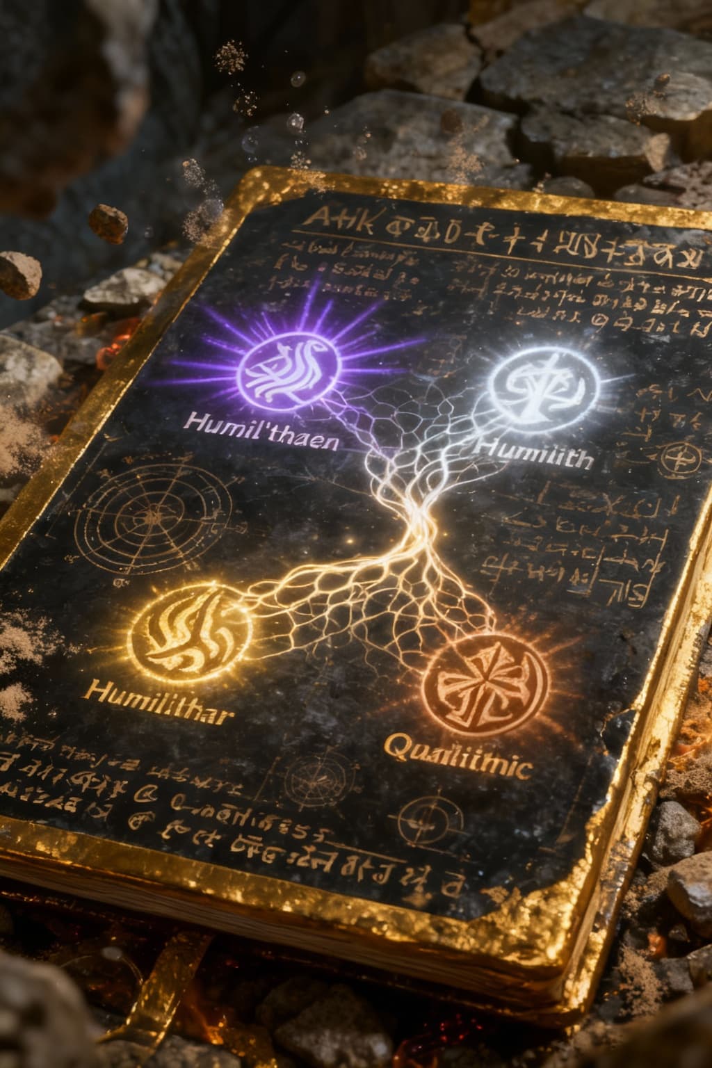 AI generated: A sacred codex panel displayed on an obsidian-gold surface illuminated by soft Quannmic light. Four ...