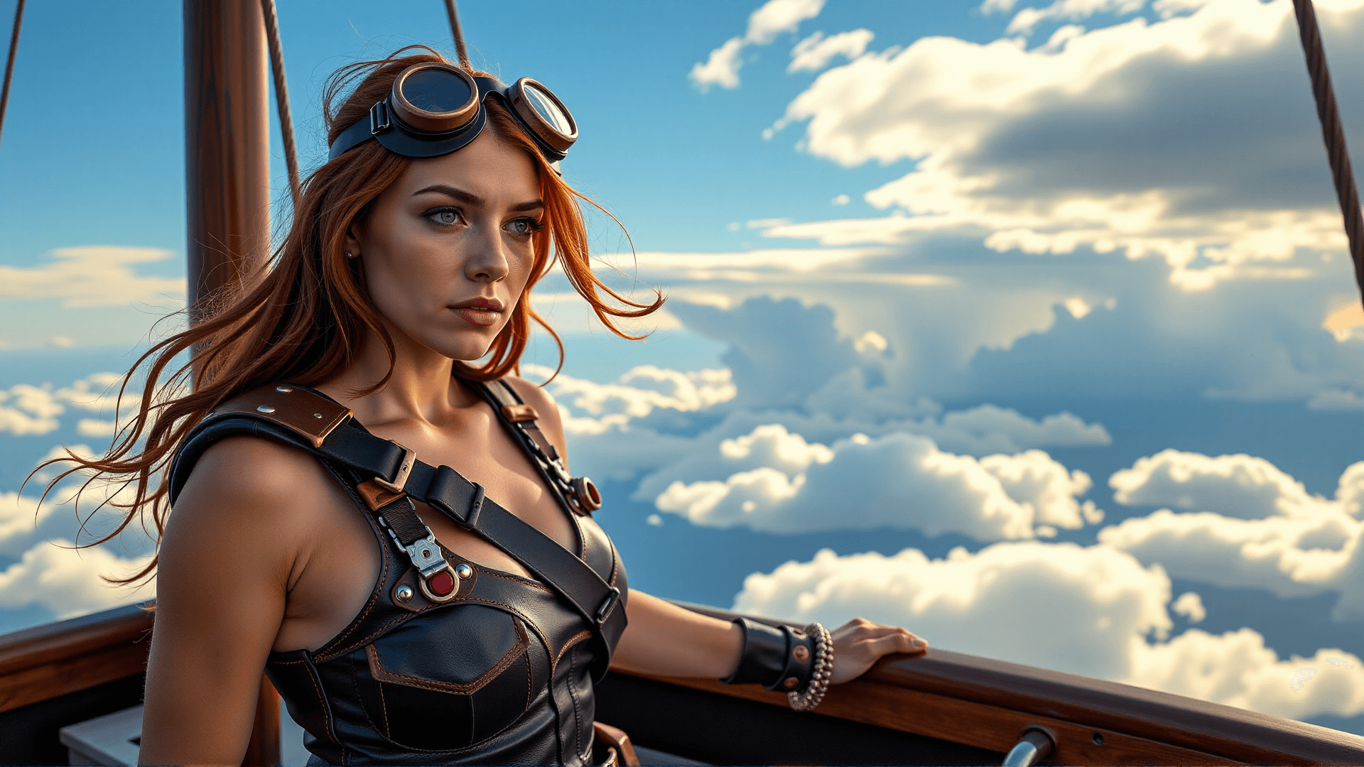 AI generated: Captain Heidi, an athletic woman with auburn hair and piercing emerald eyes, stands on the observati...