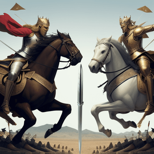 AI generated: two kings facing each other in the middle of battle using swords, horses and arrows, a large army