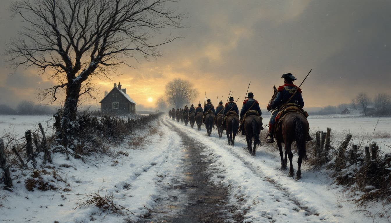 AI generated: rural winter scene, snow, (800 yards away) a mounted captain approaches leading a small group of wea...