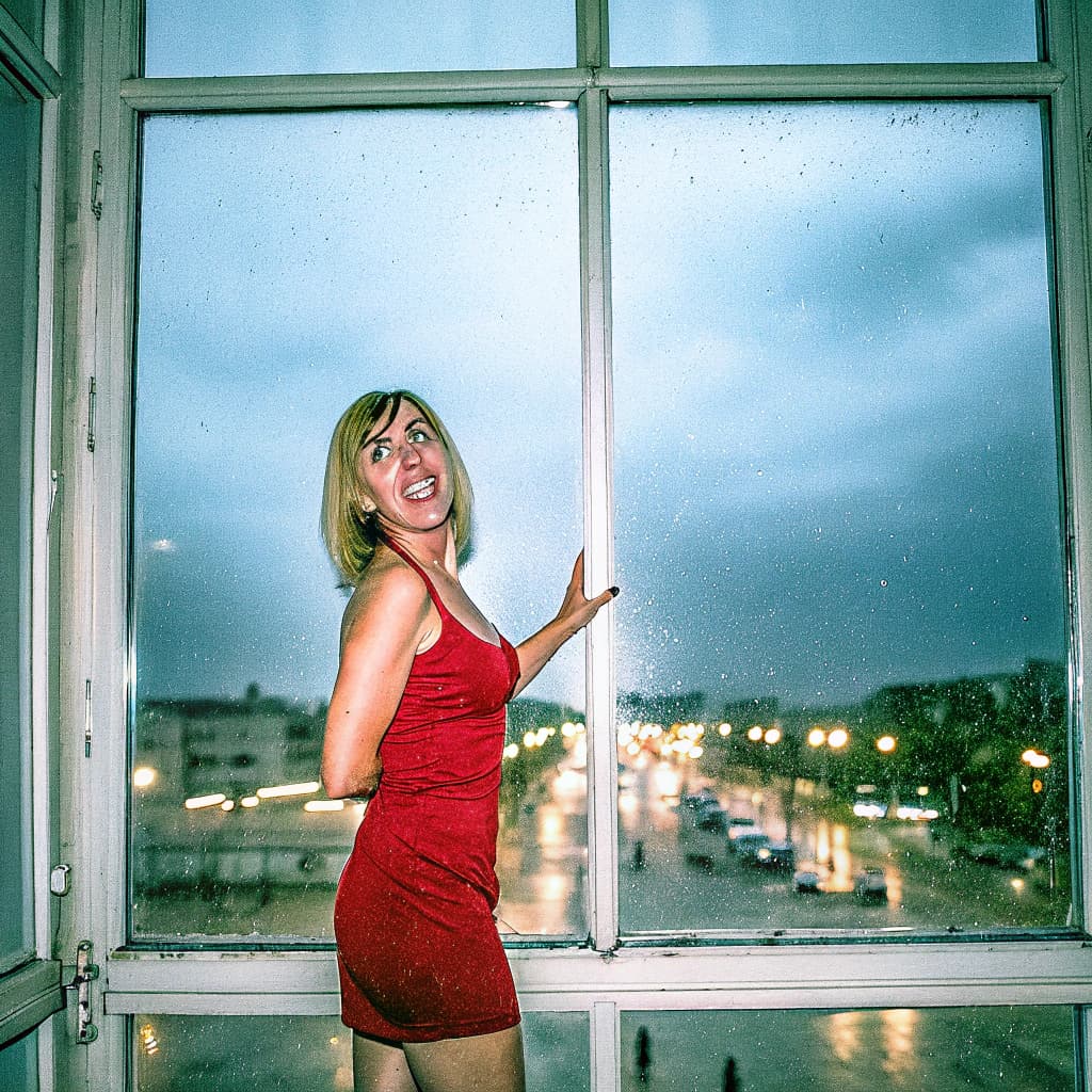 AI generated: A woman stands in front of a large picture window with a view of a vibrant city at night. Her should...