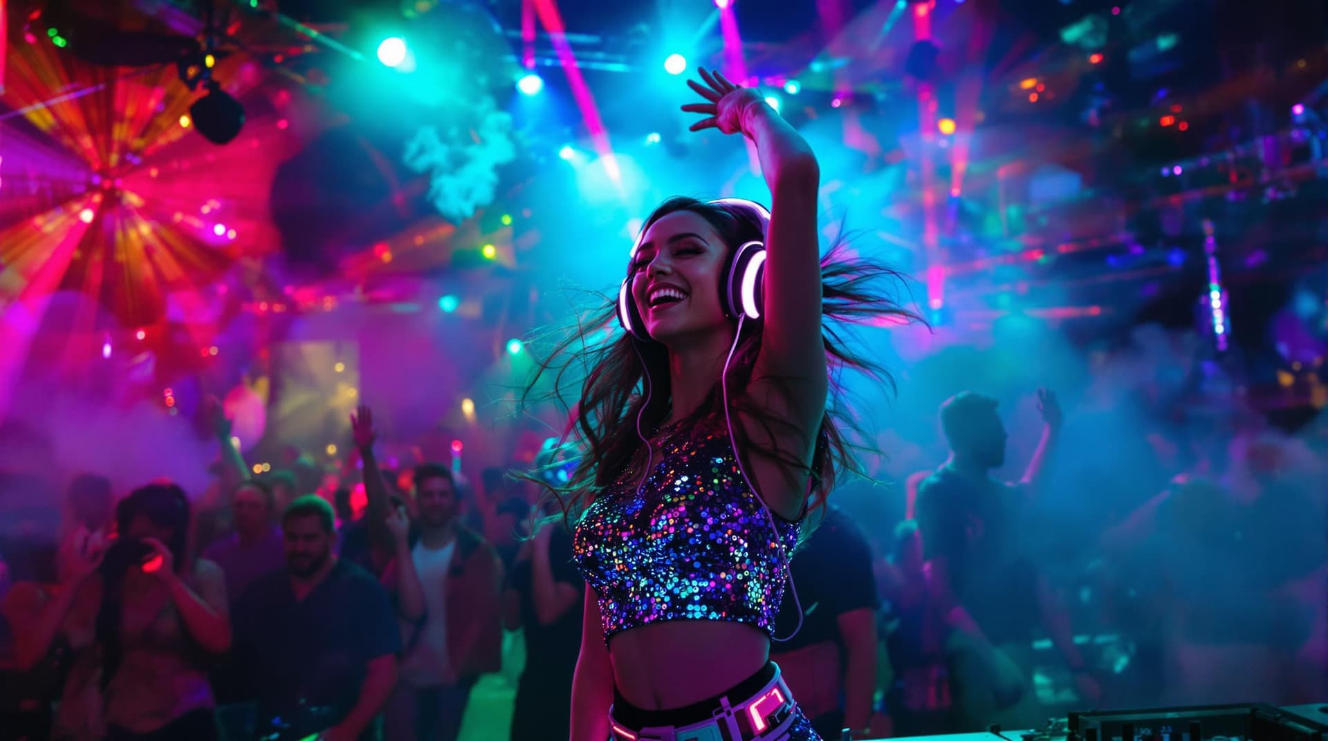 AI generated: A stunning young female DJ dancing in the middle of a neon-lit club, wearing a futuristic sequin cro...