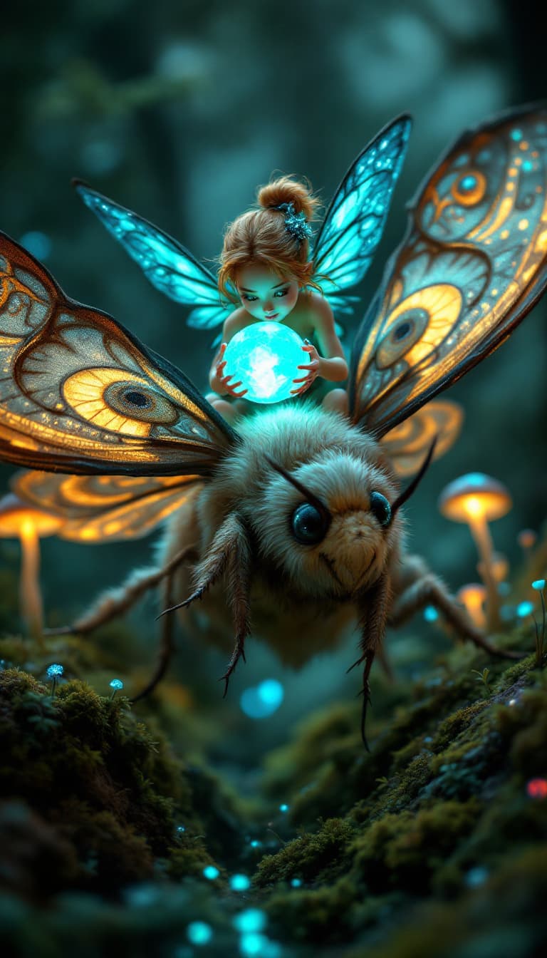 AI generated: A whimsical, hyper-realistic macro photograph of a pixie with sparkling turquoise wings riding a gia...