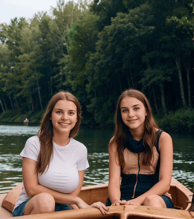 AI generated: Two beautiful women sitting on canoe, lake, forested trees in background, vest, white tshirt