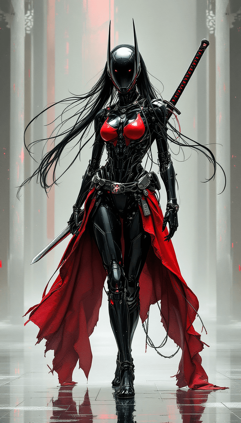 AI generated: Full body view, in the style of ck-sfc, female cyberpunk robot samurai, robot face with mirrored fac...