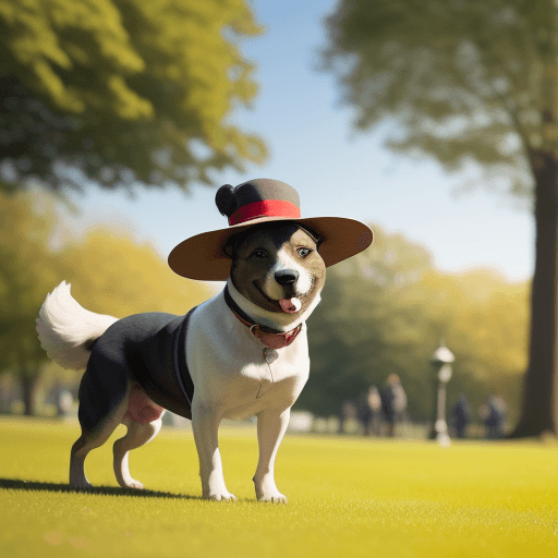 AI generated: A dog in hat in the park on sunny day camera 55mm blured background 21 century happy photo
