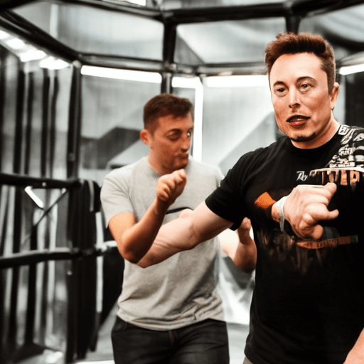 AI generated: Create a striking and powerful view of elon musk and mark zucerberg fighting in a mma cage with a cy...