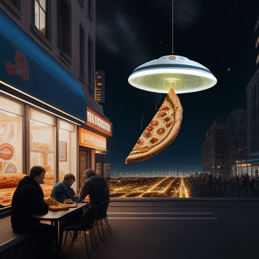 AI generated: Photo of the UFO eats pizza in the city, night, ultra hyper realistic, 8k