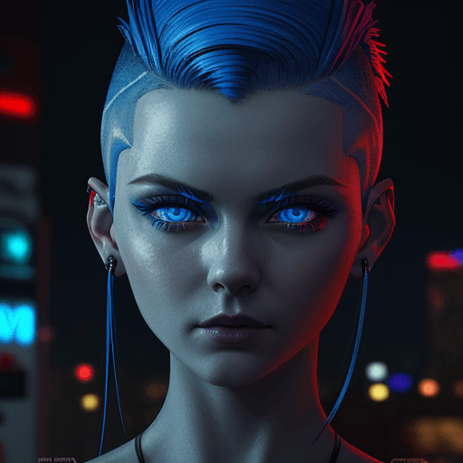 AI generated: she, blue eyes, shaved side haircut, hyper detail, cinematic lighting, magic neon, dark red city --a...