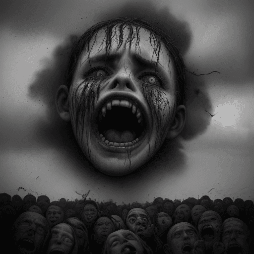AI generated: A charcoal sketch depicting one giant faces floating above the ground, their mouths wide open as if ...