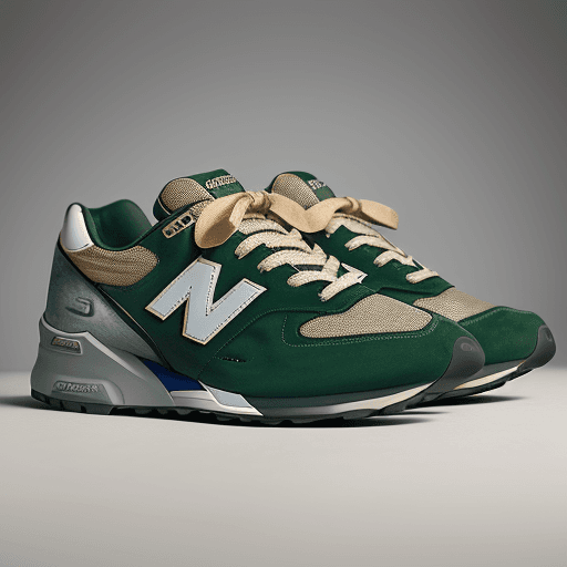AI generated: Fashion shoot IN STUDIO, sneakers NEW BALANCES MODEL ; MADE IN USA 990V3 BROWN COLOR WITH GREEN DETA...