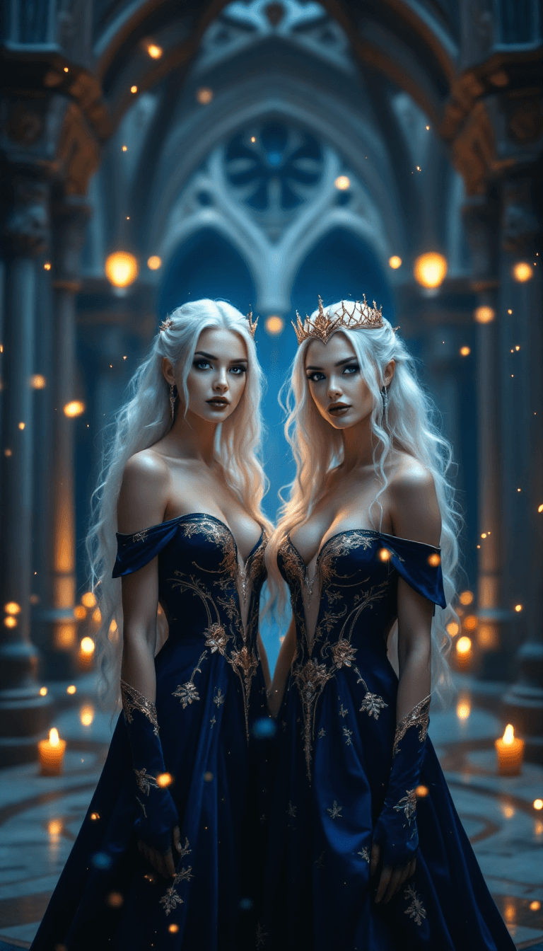 AI generated: A breathtaking fantasy portrait of two ethereal twin sorceresses standing in a grand, dimly lit magi...