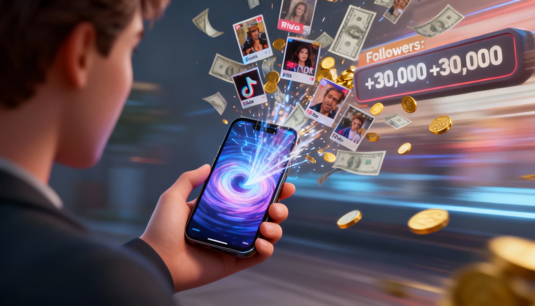 AI generated: Dynamic 3D render. A smartphone held in a person's hand. Instead of a normal screen, it's a vortex o...