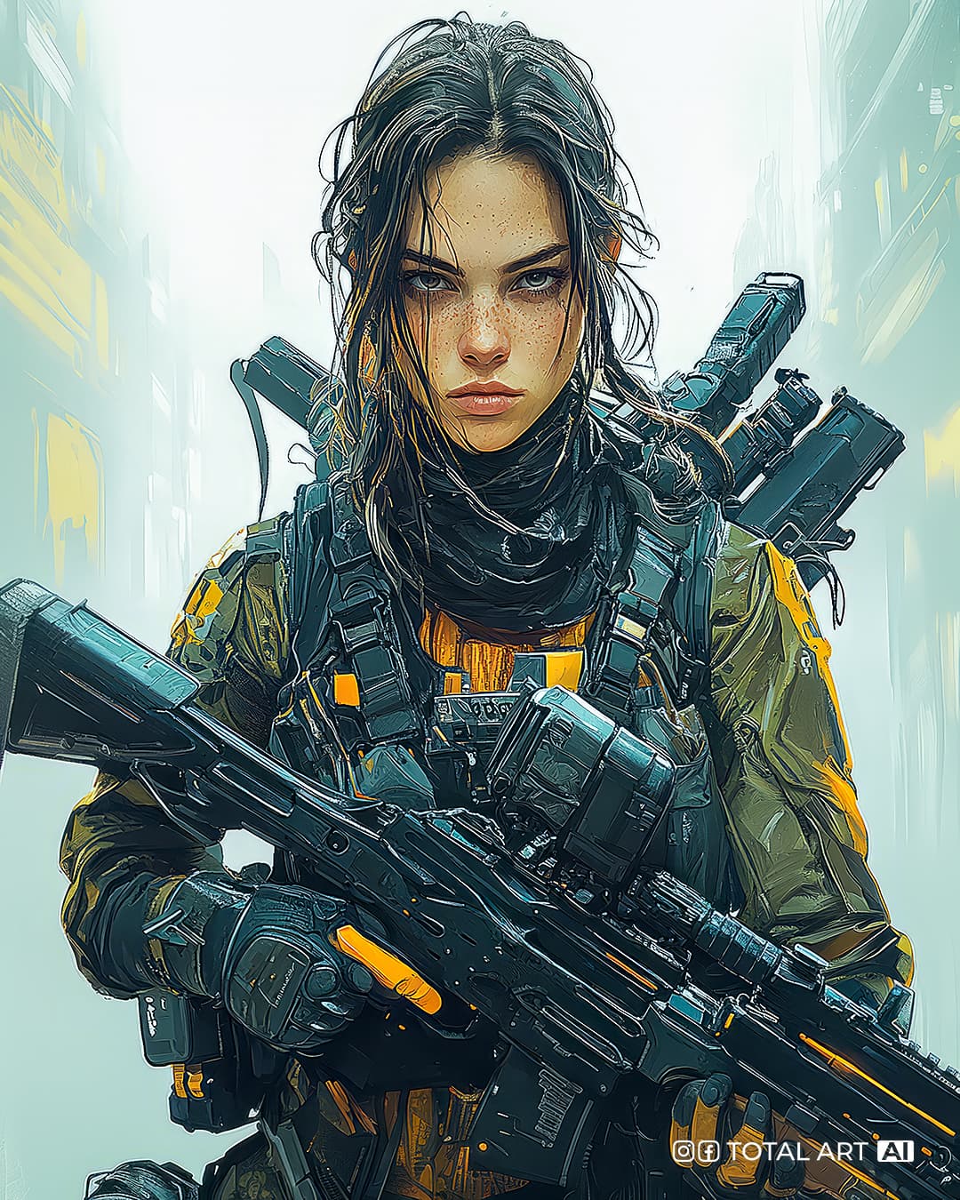 AI generated: Full body short of young beautiful European female soldier with tanned skin and short dark hair wear...