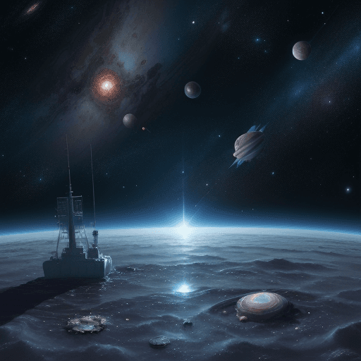 AI generated: debris floating in deep space, debris field, small pieces, near Jupiter, anime, art by Studio Ghibli...