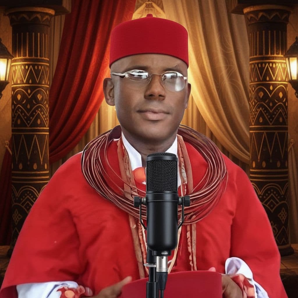 AI generated: A dignified African traditional chief wearing a vibrant red and white ceremonial outfit, adorned wit...