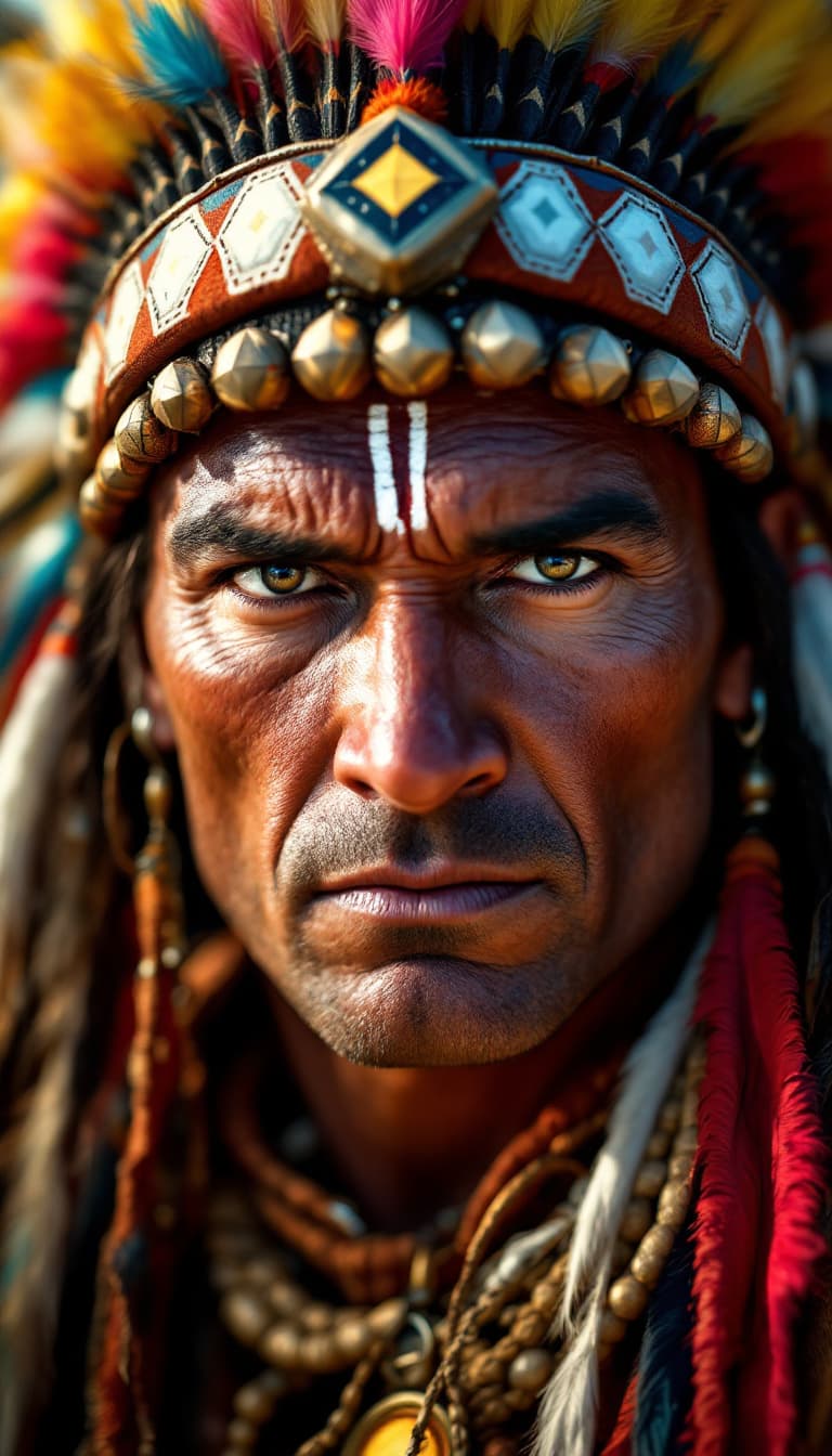 AI generated: cinematic image features a mid shot  of a man with a strong, intense expression. He is adorned in tr...