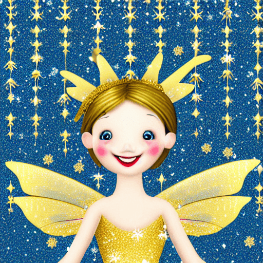 AI generated: Gold  Smiling fairy with  snowflake blue blackground
