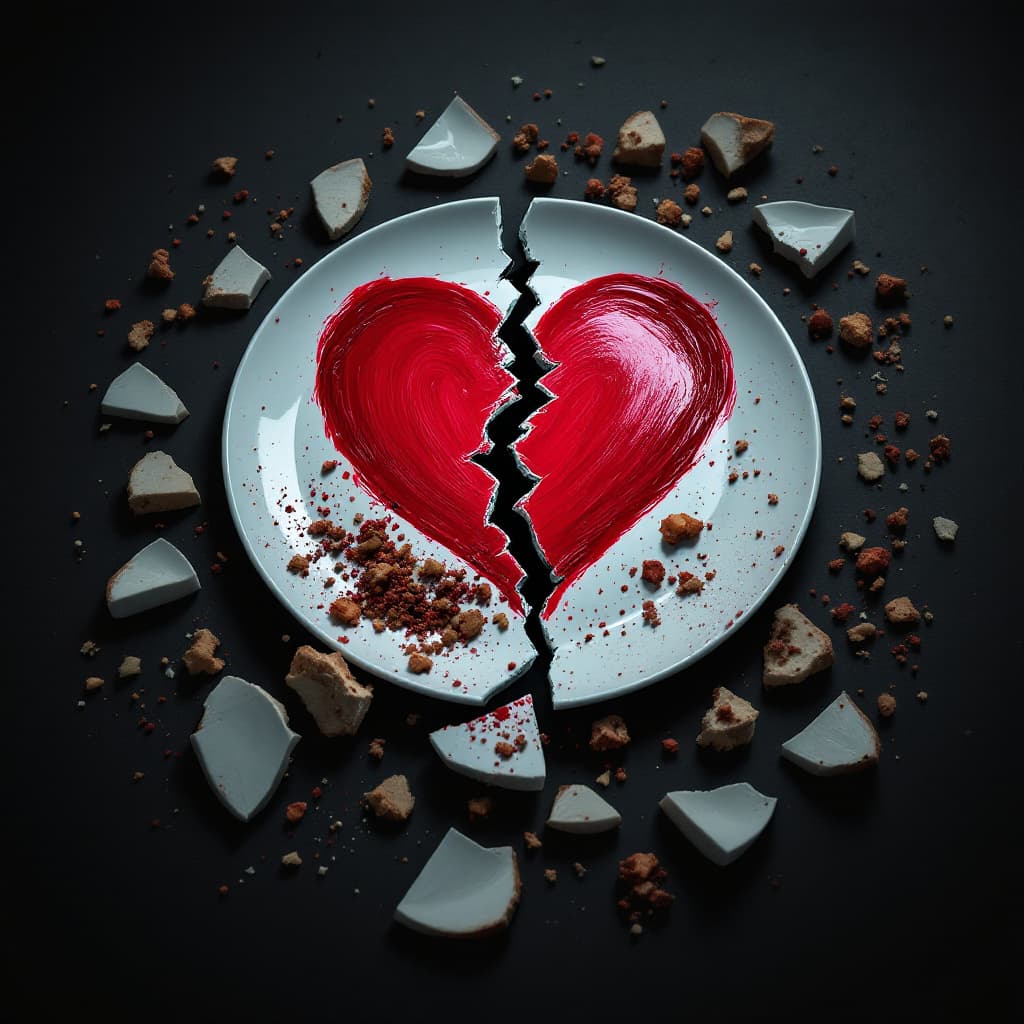 AI generated: a broken plate with pieces of it scattered on the floor. on the plate is a large painted red heart w...
