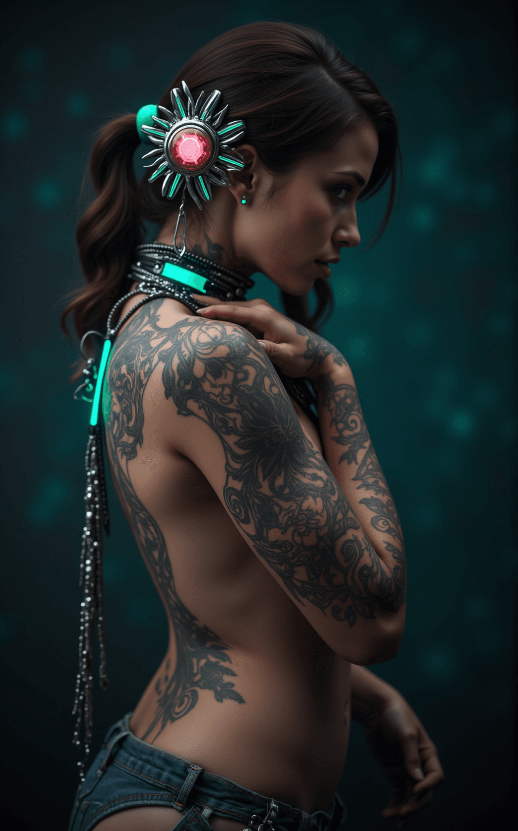 AI generated: A highly detailed photograph capturing a full-length portrait of a female body, showcasing an intric...