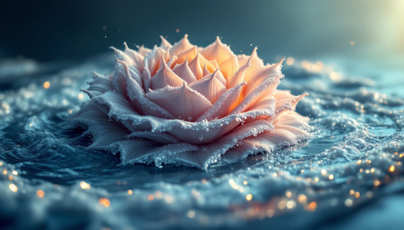 AI generated:  sea scape and giant rose   pattern shellfish  ocean wave with sea foam,  , crashing on the shore, i...