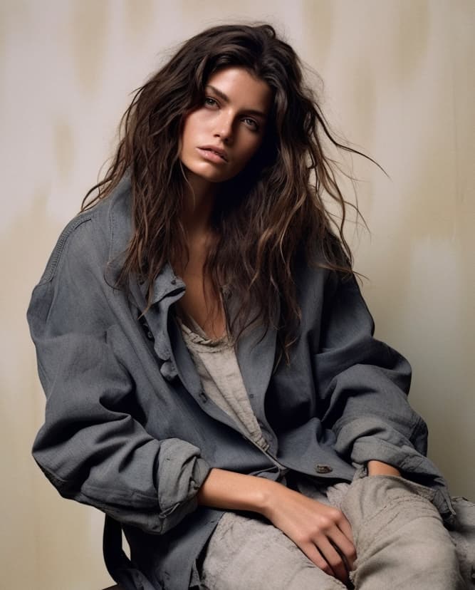 AI generated: a woman sitting on a stool wearing a coat, i-d magazine, grey tarnished longcoat, very pretty model,...
