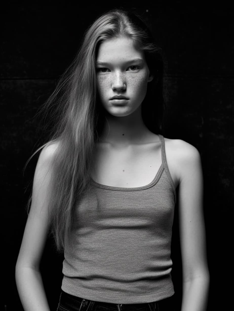 AI generated: a black and white photo of a woman in a tank top, in style of alasdair mclellan, young and slender, ...