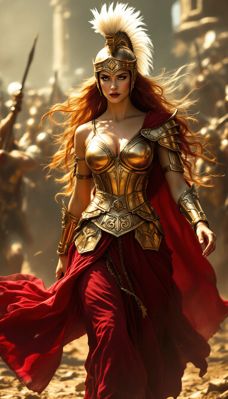 AI generated: Visualize an epic scene depicting a legendary female warrior from ancient times, walking briskly in ...