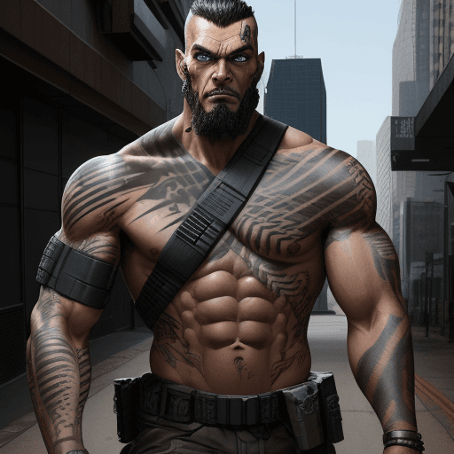 AI generated: Raptor is a tall, muscular man with a rugged appearance. He has a cybernetic arm adorned with tribal...