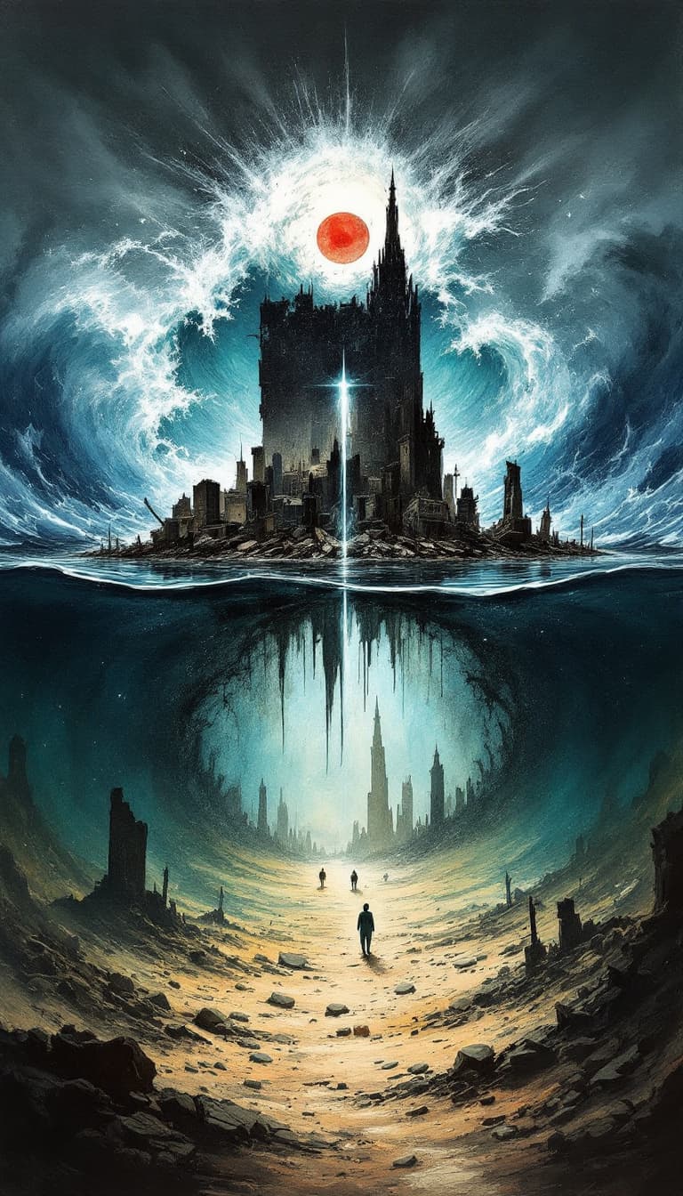 AI generated: surreal epic abstract double exposure fantasy rough hand-painted sketch featuring in the top half of...