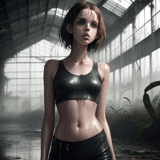 AI generated: dystopian style beautiful young Felicity Jones, thin, fit, woman, wet skin, in an abandoned glasshou...